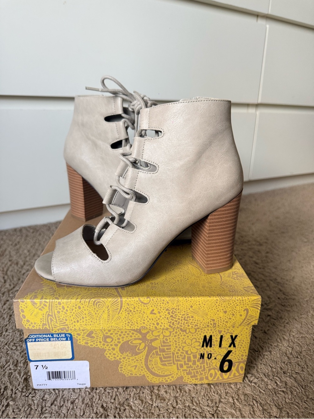 Mix No. 6 Lace-Up Peep-Toe Block Heel Ankle Boots in Light Taupe